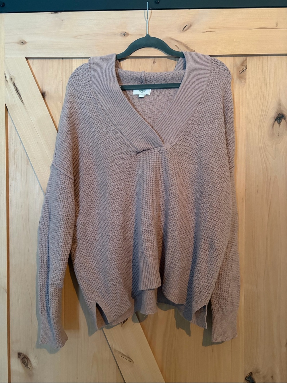 aerie Mauve Taupe V-Neck Waffle Knit Sweater